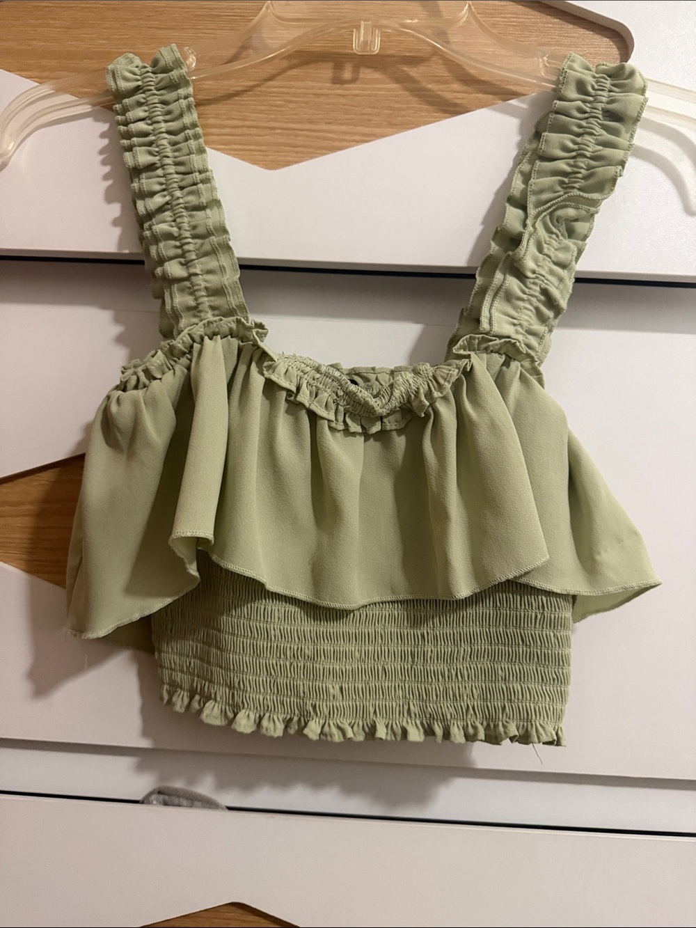 Forever 21 Sage Green Ruffled Smocked Crop Top